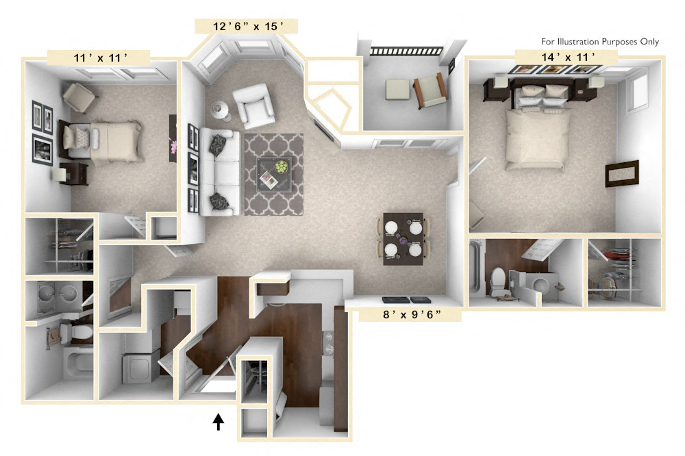 Floor plan for 2 beds, 2 baths, 1052 sqft